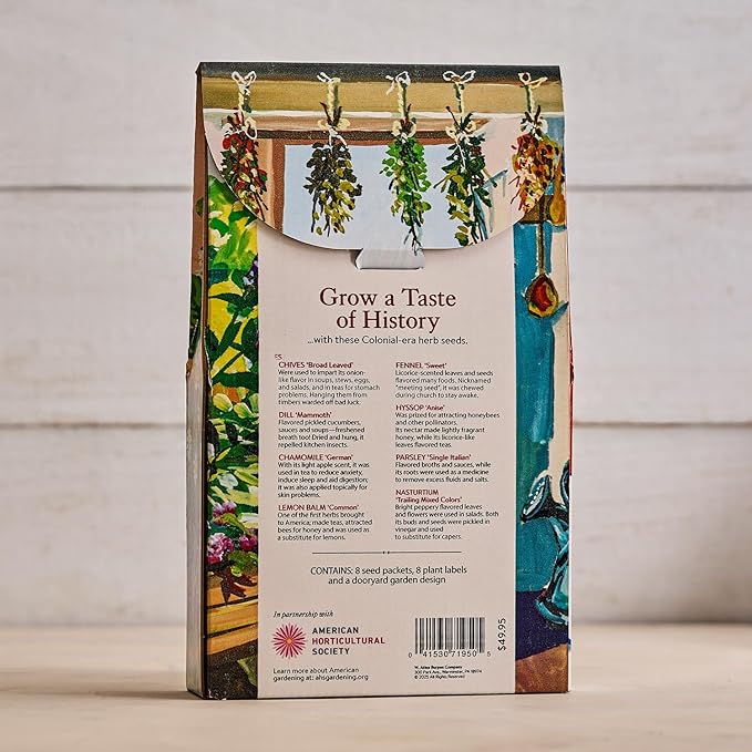 Burpee 'A Colonial Dooryard Herb Garden' – Heritage Kitchen Herb Starter Kit with 8 Non-GMO Seeds, Plant Labels & Dooryard Garden Design Card
