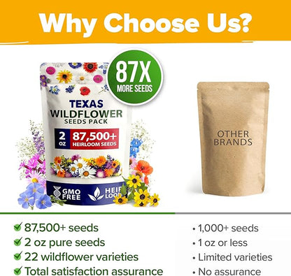 HOME GROWN Texas Wildflower Seeds 87,500+ Non-GMO Perennial Wildflower Seeds Mix for Attracting Bees, Birds & Butterflies - 22 Varieties Bulk Wild Flower Seed Mix for Full Sun & Shade Gardens (2 oz)