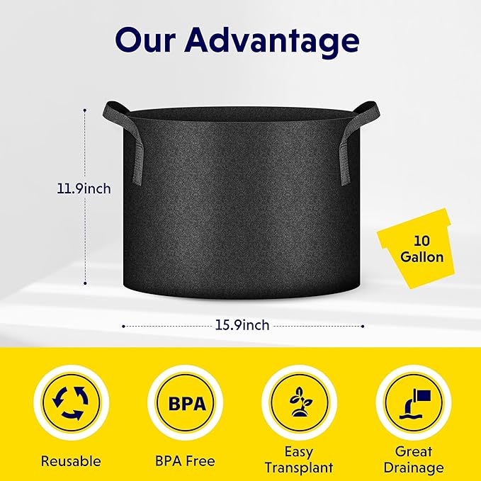 iPower 10 Gallon 10 Pack Grow Bags Nonwoven Fabric Pots Aeration Container with Strap Handles for Garden and Planting, 10-Pack Black, 10 Gallon