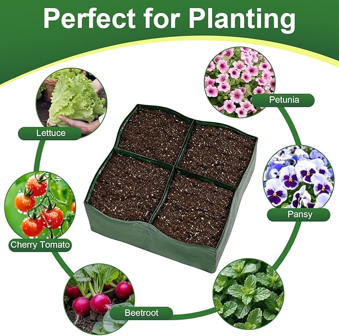 3 Pack Plastic Raised Garden Bed, 4 Grids Square Grow Bags PE Vegetable Planter Bags for Vegetables Durable Planter Box with Drainage Hole Rectangle Container Gardening for Herbs, Flowers