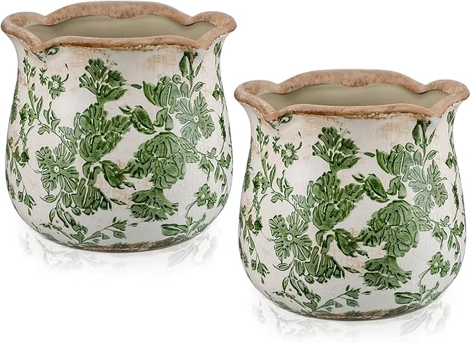 2 Pcs Ceramic Planter 6 Inch Green Scroll Planter Decorative Plant Pots with Crackle Glaze for Home Garden Kitchen