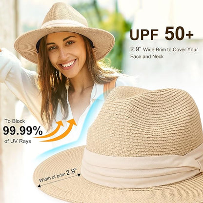 DRESHOW Women Straw Panama Hat Travel Fedora Beach Sun Hat Summer Wide Brim Straw Roll up Hat UPF 50+