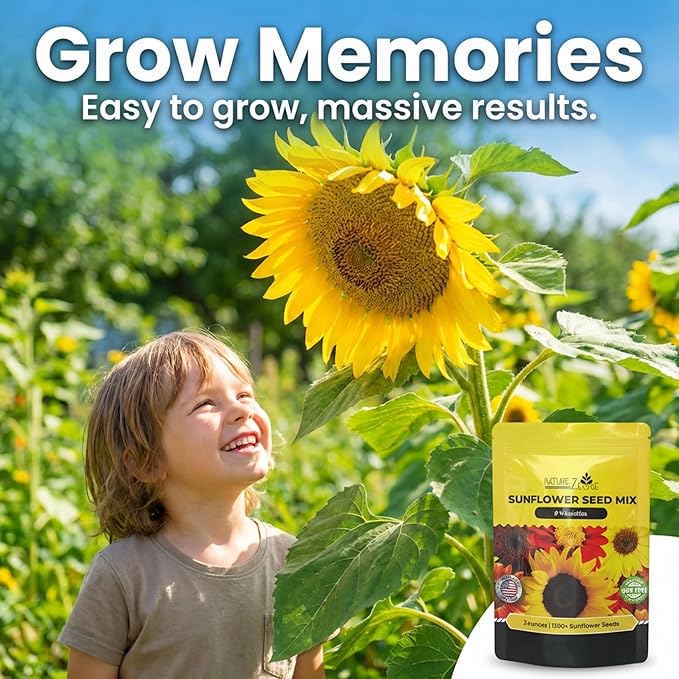 NatureZ Edge 1300+ Sunflower Seeds Garden Variety Pack, Bulk Sunflower Seeds for Planting Flowers, Get More Sunflower Seeds to Plant, Mammoth, Dwarf, Lemon Queen, Giant and More. 2oz Packet