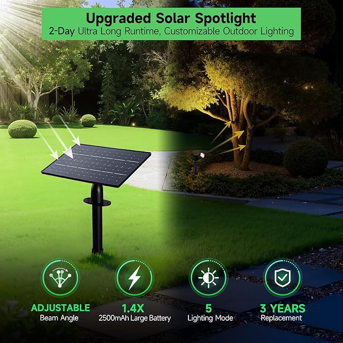 Solar Spot Lights Outdoor, Adjustable Angle Waterproof Landscape Spotlight, All Night LED Uplights Separate Panel, Warm & Daylight Selectable (3000k/4500k/6500k) for Tree Yard Garden 2 Pack
