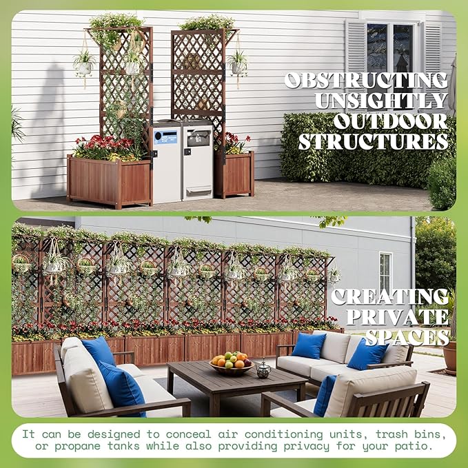 AMERLIFE 2 Pack Raised Garden Bed with Trellis for Vegetables, Climbing Plants, Durable Natural Wood Planter Box with Drainage Holes, Privacy Planter for Outdoor Yard & Patio, Easy Assembly