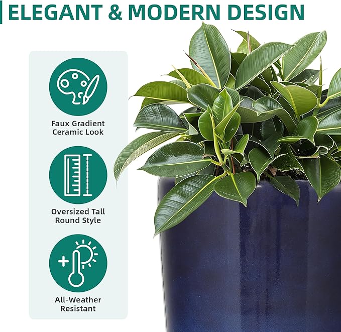 22.8" H Gradient Blue Planters for Outdoor Plants, Set of 2 Large Flower Pot with Drainage Hole, Weather-Resistant for Porch,Garden,Patio or Indoor Use