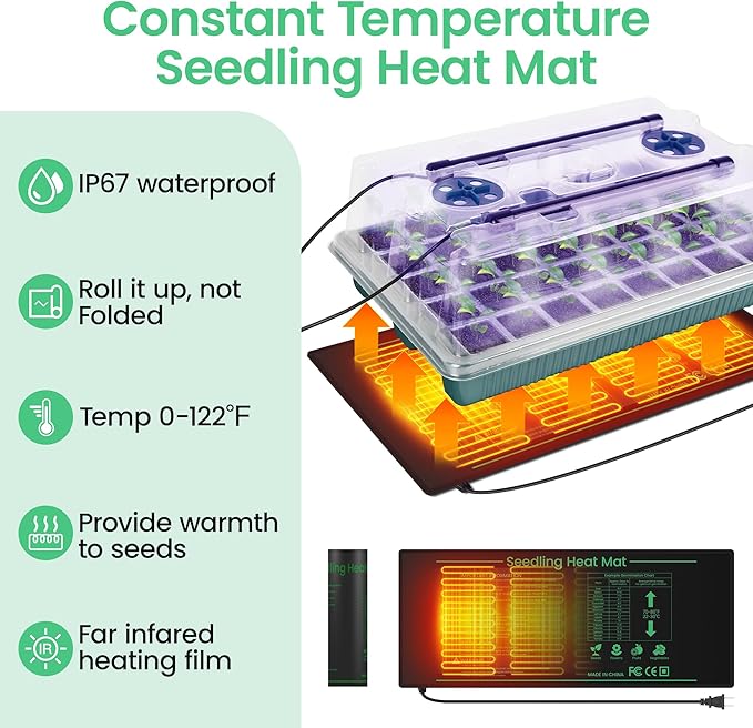 2 Pack 80 Cells Seed Starter Tray with Grow Light & Heat Mat, Plant Seed Starter Kit with Humidity Domes, Automatic Timer, and Adjustable Brightness for Indoor Greenhouse Gardening