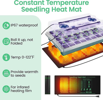 2 Pack 80 Cells Seed Starter Tray with Grow Light & Heat Mat, Plant Seed Starter Kit with Humidity Domes, Automatic Timer, and Adjustable Brightness for Indoor Greenhouse Gardening