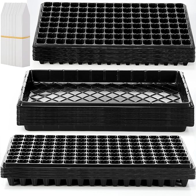 Yinder 20 Pcs Seed Starting Trays with Dome 128 Cells Plug Trays and 1020 No Holes Flat Tray with 100 Pcs Tags Seed Starter Kit for Nursery Germination Plant Propagation