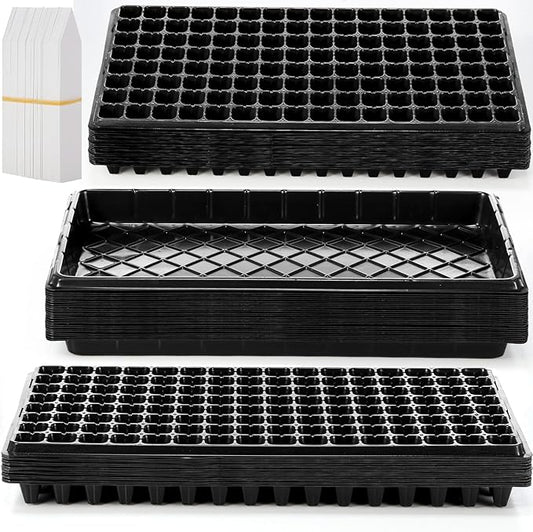 Yinder 20 Pcs Seed Starting Trays with Dome 128 Cells Plug Trays and 1020 No Holes Flat Tray with 100 Pcs Tags Seed Starter Kit for Nursery Germination Plant Propagation
