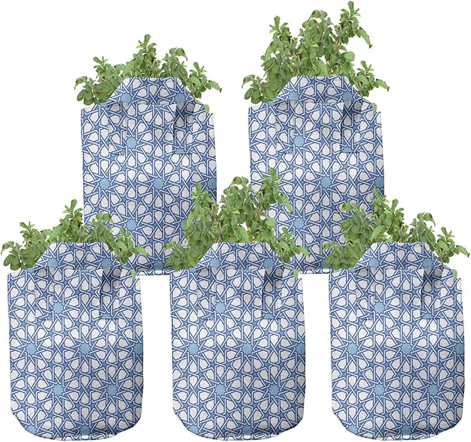 Ambesonne Pink and Orange Grow Bags 5-Pack, Polka Dots Design, Heavyduty Fabric Pots with Handles for Plants, Pink Orange