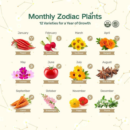 Lush&Dew Zodiac Garden Seed Bank, Gardening Gifts for Women Men, 12 Varieties Non-GMO Heirloom Vegetables Flower Seeds, Witchcraft Supplies with Moon Calendar for Fire Signs, USDA Zone 3-11