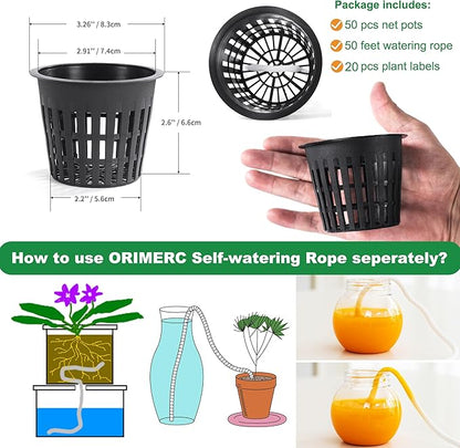 ORIMERC 50 Pack 3 inch semi Hydroponics Nursery Net Pots for Plants, Net Cups with Self Watering Rope & Plant Labels, Kratky Aquarium Plant Pot, Slotted Mesh Pots Hydroponic Baskets Growing