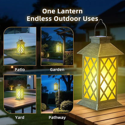 2 Pack 13" Solar Lanterns with Flickering Flame Candle, Outdoor Waterproof Hanging Lantern Lights Metal & Glass for Patio, Pathway, Garden Decorative, Gifts for Mom