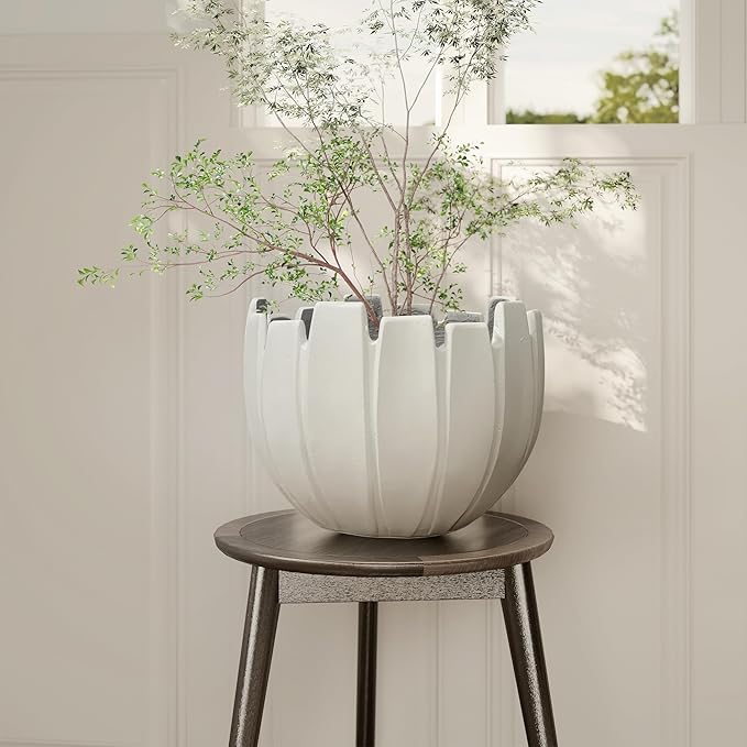 Large Round Planter with Drainage Hole, 9.5''H × 12.6''D Sphere Indoor Plant Pot, Modern Flower Pot for Outdoor Garden Patio Home, Wavy Rim Design, White