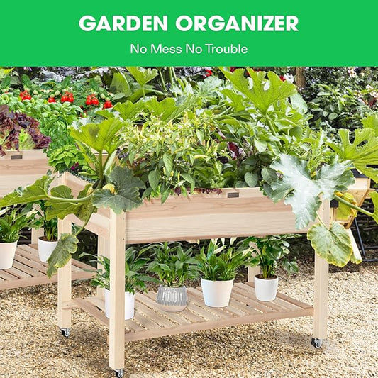 VIVOSUN Elevated Wooden Raised Garden Bed, 46 x 24 x 32 Inches, Mobile Outdoor Planter Box with Storage Shelf and Protective Liner for Outdoor Use, with Lockable Wheels