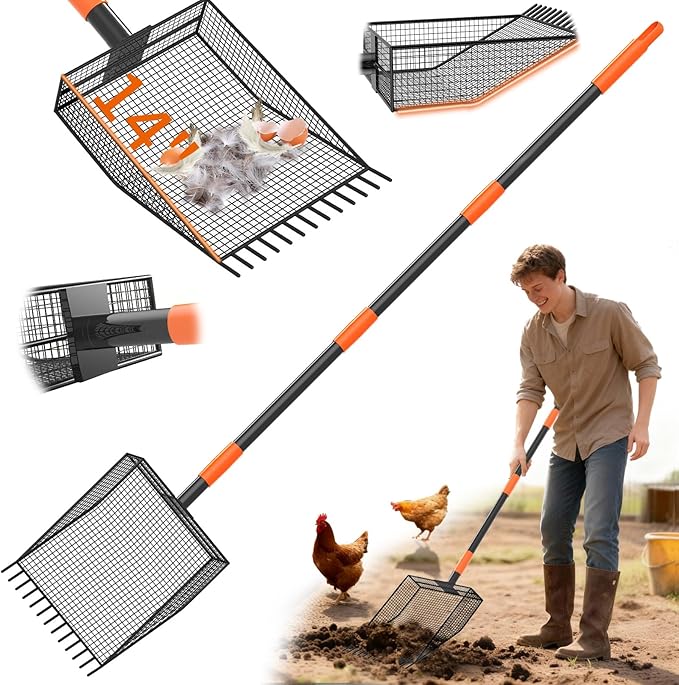 2-in-1 Chicken Poop Scooper & Rake, Heavy-Duty Chicken Coop Scoop with 33-61" Adjustable Handle and 14" Long Shovel Head, Metal Litter Scoop Sand Poop Shovel, Chicken Coop Cleaning Accessories