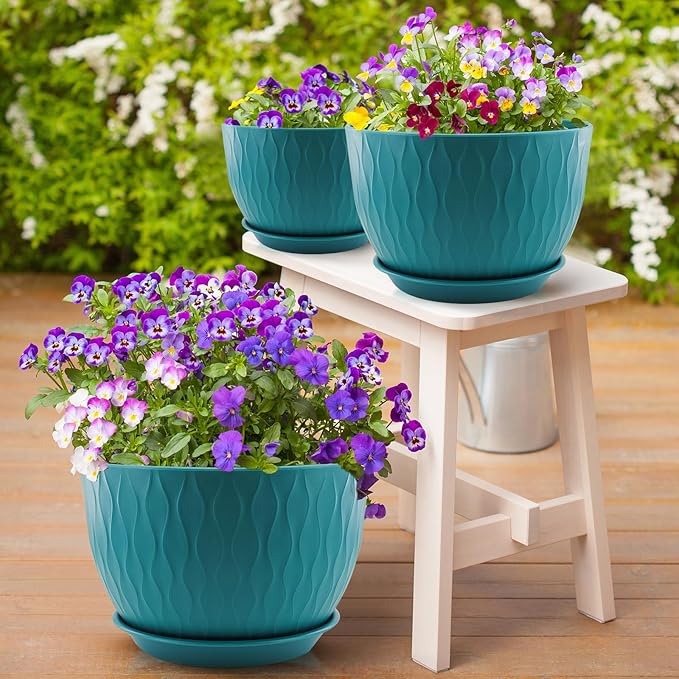 12/10/9 inch Plant Pots, 3 Pack Flower Pots for Outdoor Indoor Garden Plants, Large Planters with Multi Mesh Drainage Holes and Saucer (Black-Green, 12"+10"+9")