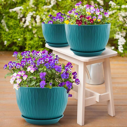 12/10/9 inch Plant Pots, 3 Pack Flower Pots for Outdoor Indoor Garden Plants, Large Planters with Multi Mesh Drainage Holes and Saucer (Black-Green, 12"+10"+9")
