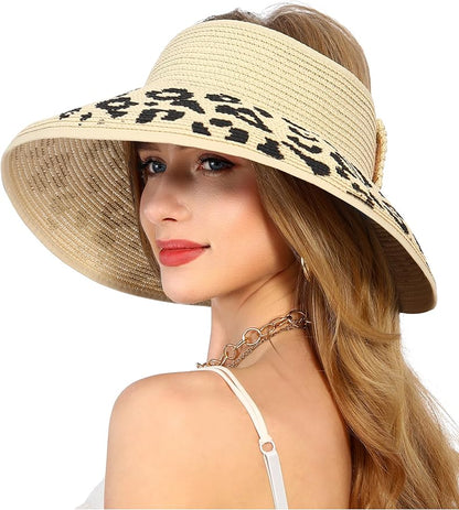 Womens Beach Straw Sun Hats Ponytail Hole Wide Brim Summer Visor Foldable Hat Sun Protection Packable for Travel Pool