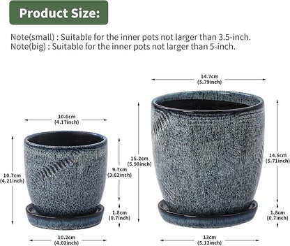 4+6 Inch Ceramic Planter Set of 2 with Drainage Hole and Saucer for Plants, Indoor-Outdoor Large Round Succulent Orchid Flower Pot -Inner-pots not Larger Than 5 Inch Reactive Glaze Blue