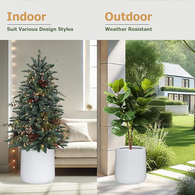 15.3" H x 15" D Conico Fiberstone Round Planter with Drainage Hole, Smooth Finishes, Weather Resistant for Indoor and Outdoor Use, Included 2 Extra Coco Mats (White, 11.7" Pot Opening)
