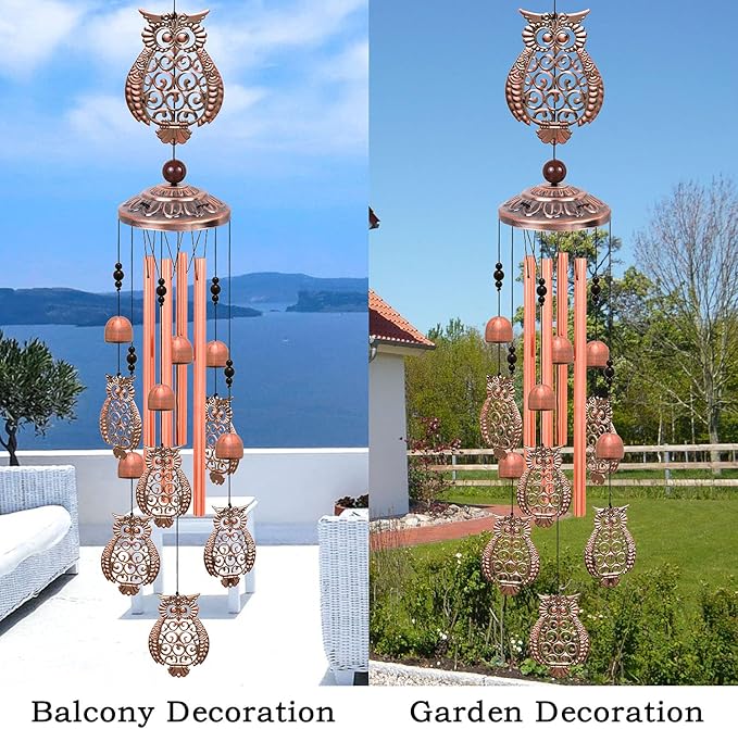 Large Owls Wind Chimes - Garden, Home & Patio, Balconies, Room, Indoor, Outdoor Decoration, Owl Windchimes Decor, Red Copper Windchime, Outdoor Wind Catcher, Memorial Wind Bells Gifts for Mom & Women