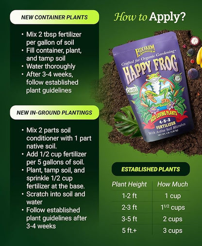 FoxFarm Happy Frog Acid Loving Plant Fertilizer, Slow-Release Fertilizer for Rhododendrons, Azaleas, Hydrangeas, Blueberries, Strawberries & More NPK 4-5-3 (4 lb)