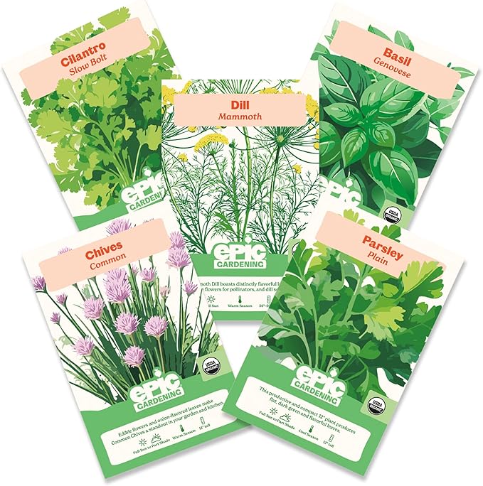Epic Gardening Organic Herb Garden Seed Bundle - 5 Non-GMO Varieties for Cooking & Seasoning, Includes Basil, Cilantro, Dill, Chives & Parsley, Easy-to-Grow Seeds for Indoors or Outdoors