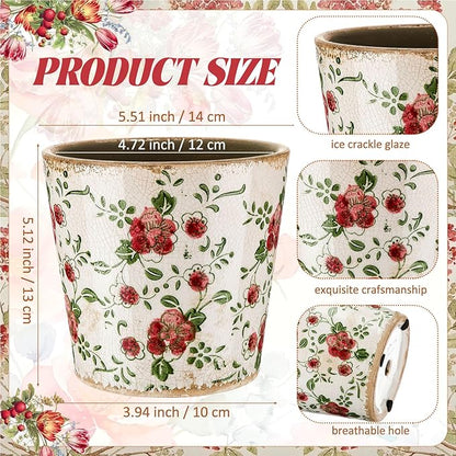 Farmhouse Ceramic Planter 5.5 Inch Large Plants Pot Crack Beige Red Rose Flowers Plant Pots with Drainage Hole Indoor Plants Kitchen Rustic Antique Decor Gift