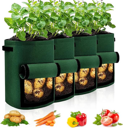 JJGoo 4 Pack Potato Grow Bags 10 Gallon with Flap, Heavy Duty Fabric with Handle and Harvest Window, Non-Woven Planter Pot Plant Garden Bags to Grow Vegetables Tomato, Blackish Green