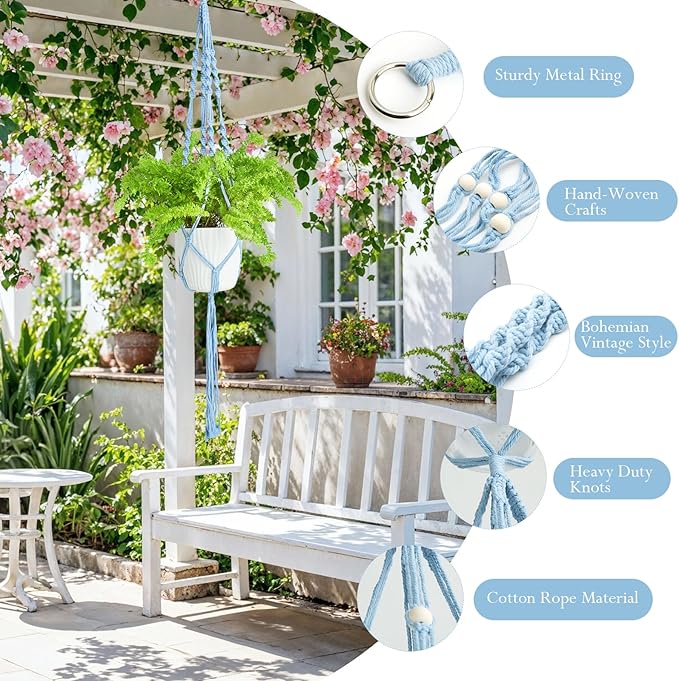 XXXFLOWER 3 Pack Macrame Plant Hanger Indoor Set with Hooks Handmade Woven Cotton Rope Flower Pot Crochet Plant Holder Stand Boho Plant Decor Hanging Planter Baskets Set of 3 with Beads Blue
