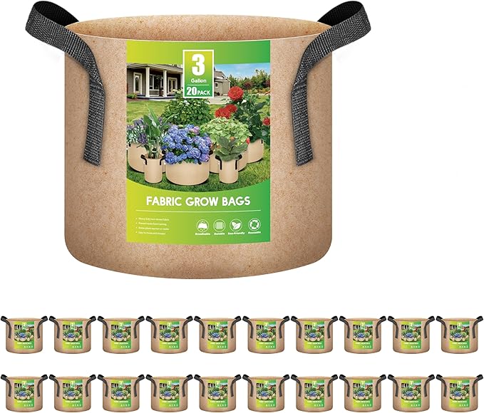 iPower 20-Pack 3 Gallon Grow Bags 300G Thick Nonwoven Aeration Fabric Pots Heavy Duty Plant Containers with Handles for Garden Planting, Tan