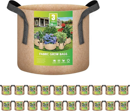 iPower 20-Pack 3 Gallon Grow Bags 300G Thick Nonwoven Aeration Fabric Pots Heavy Duty Plant Containers with Handles for Garden Planting, Tan