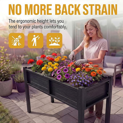DWVO Raised Garden Bed HDPE with Legs Poly-Wood All-Weather Elevated Planter Box Outdoor with Drainage System Patio Planters for Herbs Vegetables Flowers Plant Bed for Garden Balcony, Black