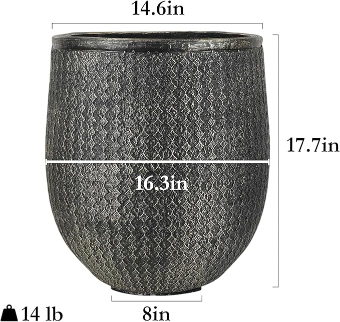 Worth 14.5" Round Planter, Lightweight Magnesium Oxide Cement Plant Pot, Raised Pattern Concrete Look with Drainage Hole for Indoor/Outdoor Use, Black
