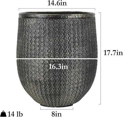 Worth 14.5" Round Planter, Lightweight Magnesium Oxide Cement Plant Pot, Raised Pattern Concrete Look with Drainage Hole for Indoor/Outdoor Use, Black