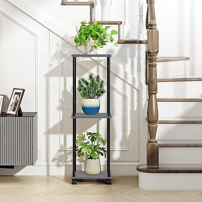 3 Tier Tall Plant Stand Indoor with Wheels, Movable Plant Shelf Metal Wood Multiple, Flower Pot Holder for Living Room Office Balcony Patio, Oak Grey