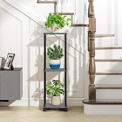 3 Tier Tall Plant Stand Indoor with Wheels, Movable Plant Shelf Metal Wood Multiple, Flower Pot Holder for Living Room Office Balcony Patio, Oak Grey