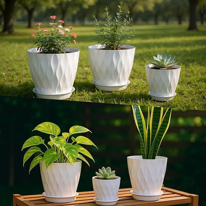 Plastic Plant Pots with Drainage Holes and Saucers, 8/7/6/5/4 Inches Garden Plant Flower Pots for Indoor Planter, 5 Pack Nursery Planting Pot for Indoor & Outdoor House Plants (White, 8/7/6/5/4)