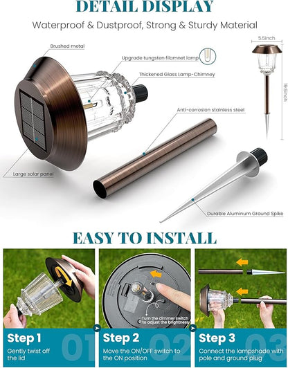 Solar Lights Outdoor Waterproof,4 Pack Bronze Pathway Lights with 10-40 LM Dimmable Glass and Metal, Solar Powered Garden Fall Decor for Yard,Patio,Pathway,Driveway(Warm White)