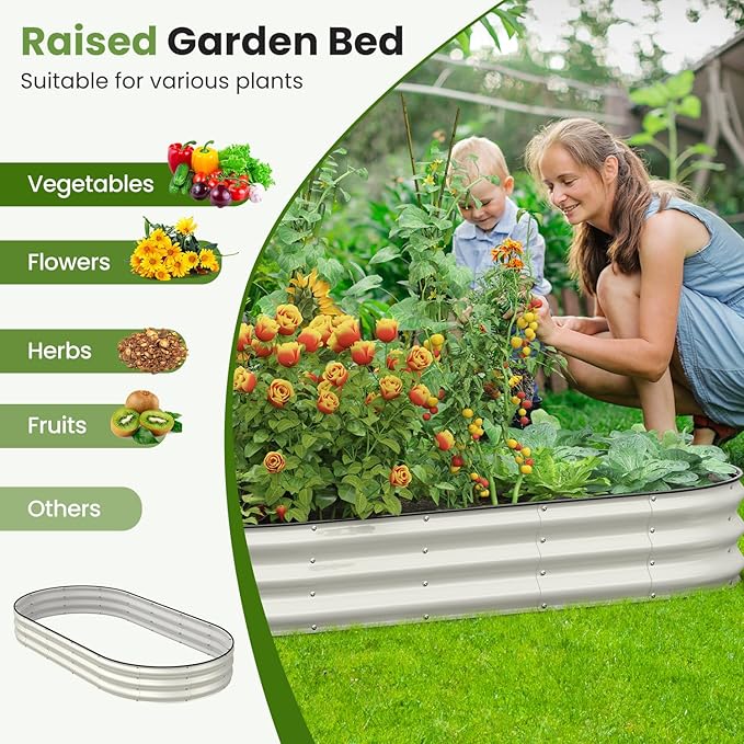 Galvanized Raised Garden Bed, 8x4x1 FT Oval Metal Planter Box for Outdoor, 12” Raised Beds for Gardening Vegetables Flower Herb(Pearl White)