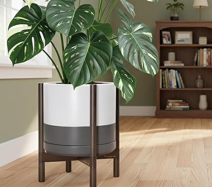 D'vine Dev Ceramic Planter with Walnut Color Stand - 14 Inch Modern Round Flower Pot with Wood Planter Holder, White/Grey, 55-B-T-6