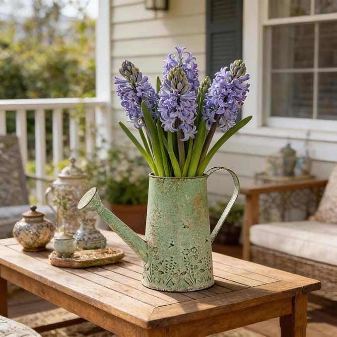 Vintage Green Metal Watering Can, Functional Garden Waterer with Floral Embossed for Indoor Outdoor Plant Care, Rustic Decor for Home Garden Patio