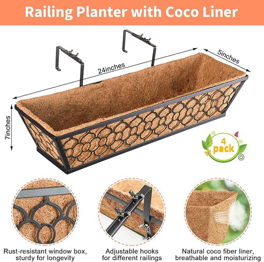 Riare 4 Pack 24 Inch Window Boxes Planters with Coco Liner, Metal Deck Railing Planter Boxes, Balcony Planters Railing Hanging, Horse Trough Window Flower Planter Boxes for Outdoor Porch Fence Patio