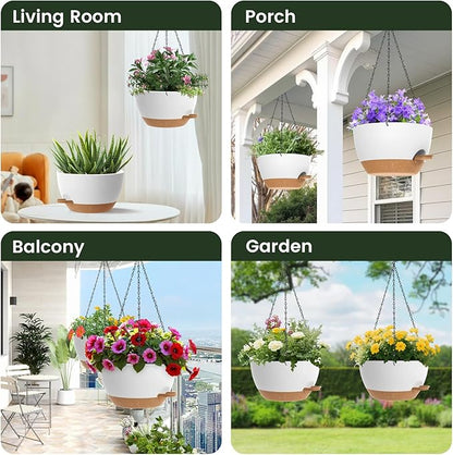 2 Pack 12 Hanging Flower Pots with Chains Self Watering Plastic Planters for Indoor Outdoor Plants, Sturdy Triangular Iron Chain Design for Garden PorchPlastic hanging flower pots (2, White-brown)