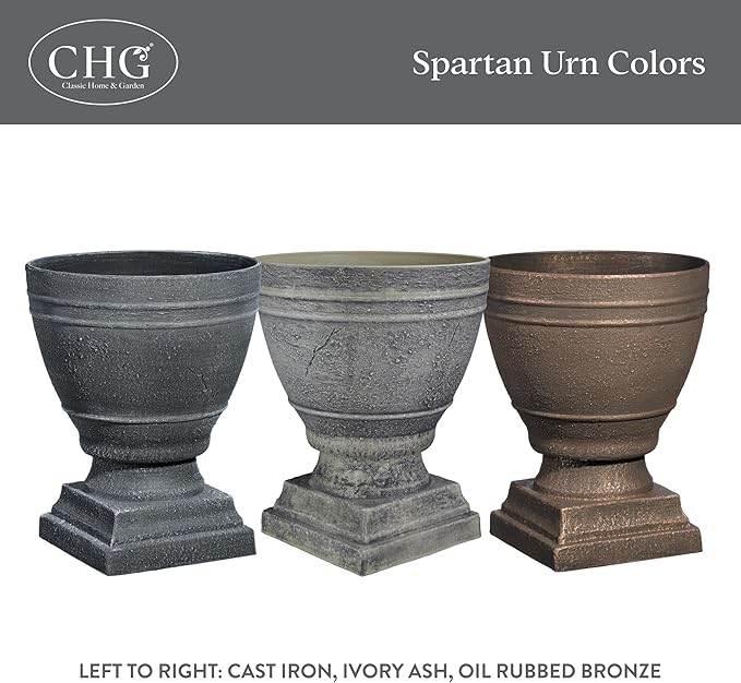 Classic Home and Garden Spartan Urn Planter - Timeless Plant Urn for Floral Displays - Durable Indoor & Outdoor Plastic Garden Planters (14”, Oil Rubbed Bronze)