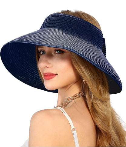Womens Beach Straw Sun Hats Ponytail Hole Wide Brim Summer Visor Foldable Hat Sun Protection Packable for Travel Pool