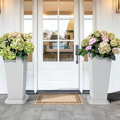 Set of 4 24" Tall Plastic Planters with Trays, Large Tapered Plant Pots for Indoor Outdoor Use, Modern Decorative Planters for Porch, Patio, Garden, and Backyard