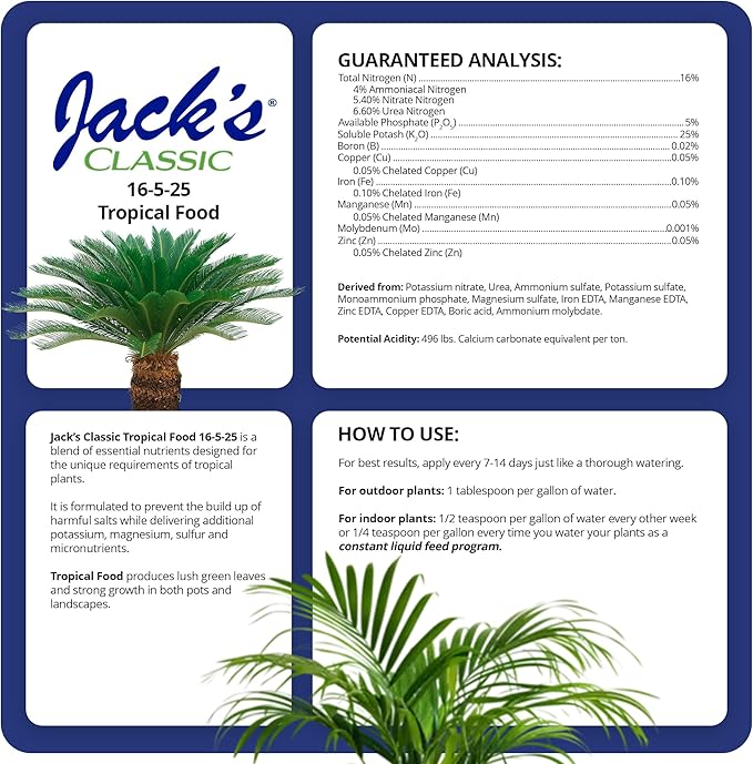 Jack's Classic 16-5-25 Tropical Food Water-Soluble Fertilizer with Micronutrients for Strong Lush Growth, 1.5lbs